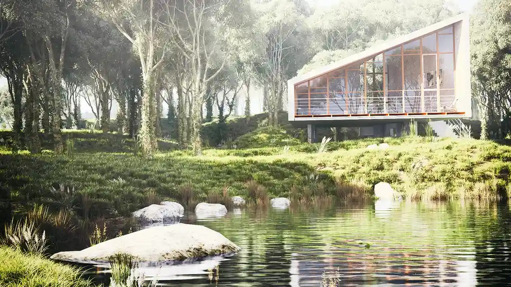 Close up on a plate of mashed potatoes, topped with baked pork chops with cream of mushroom soup, and a side of green beans.
